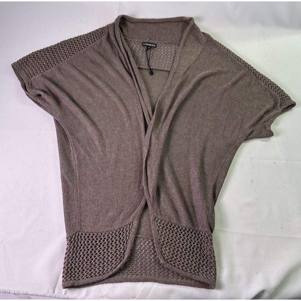 EXPRESS Taupe Brown Open Front Short Sleeve Crochet Knit Cardigan Sweater Size M